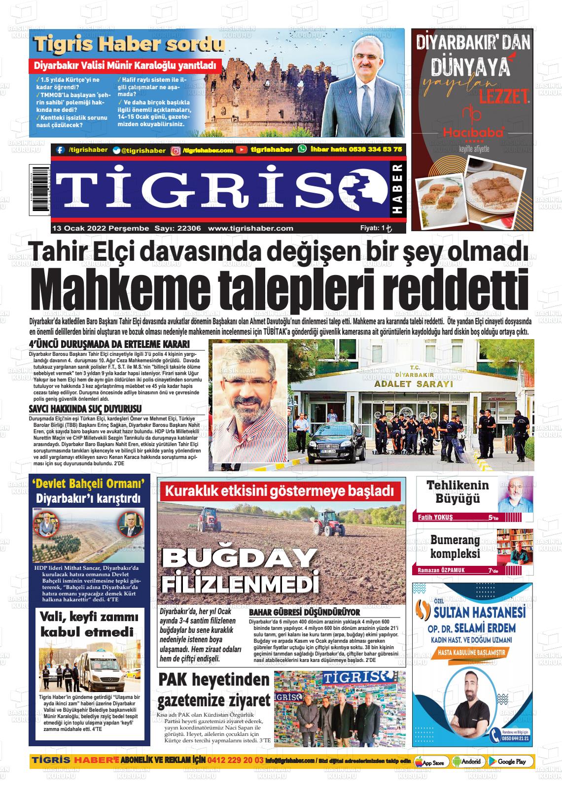 13 Ocak 2022 Tigris Haber Gazete Manşeti