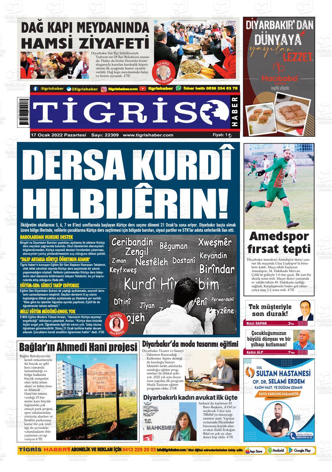 17 Ocak 2022 Tigris Haber Gazete Manşeti
