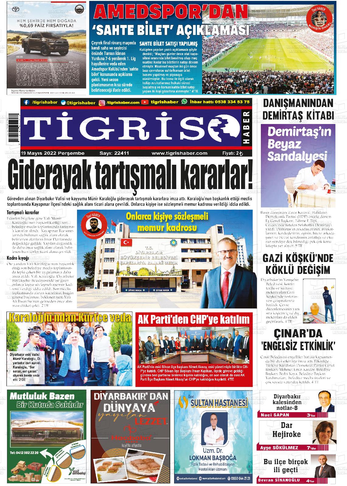 19 Mayıs 2022 Tigris Haber Gazete Manşeti