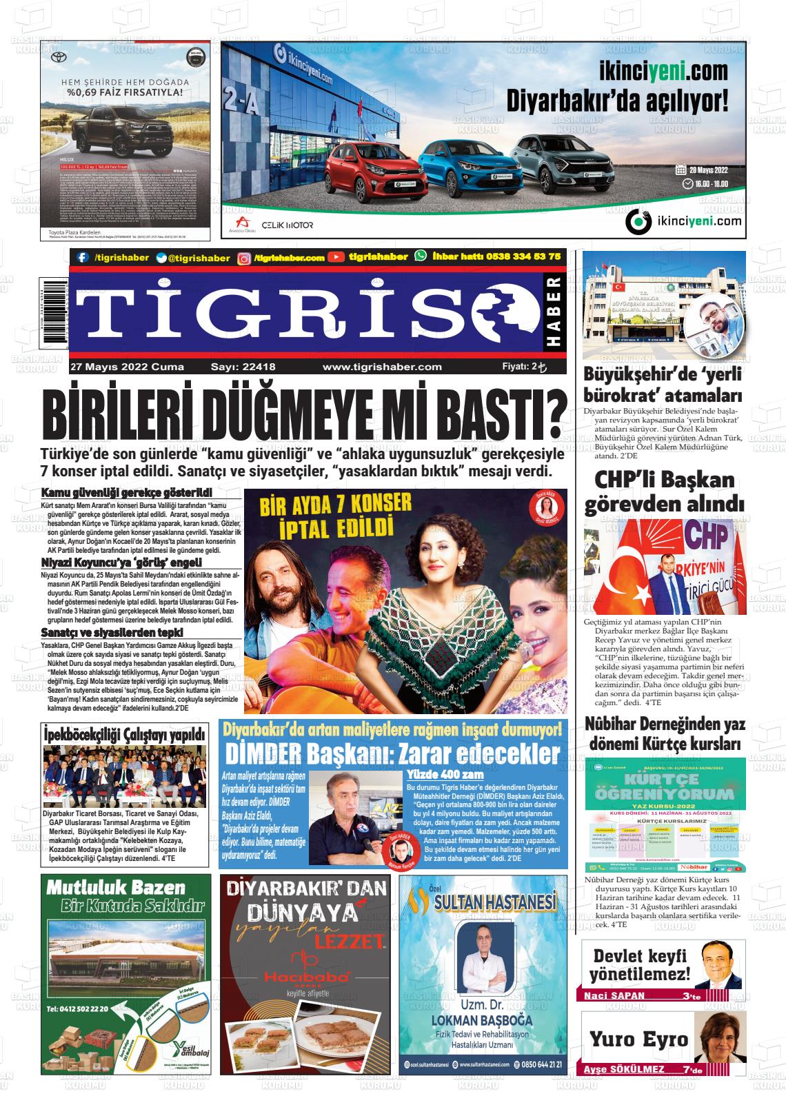 27 Mayıs 2022 Tigris Haber Gazete Manşeti
