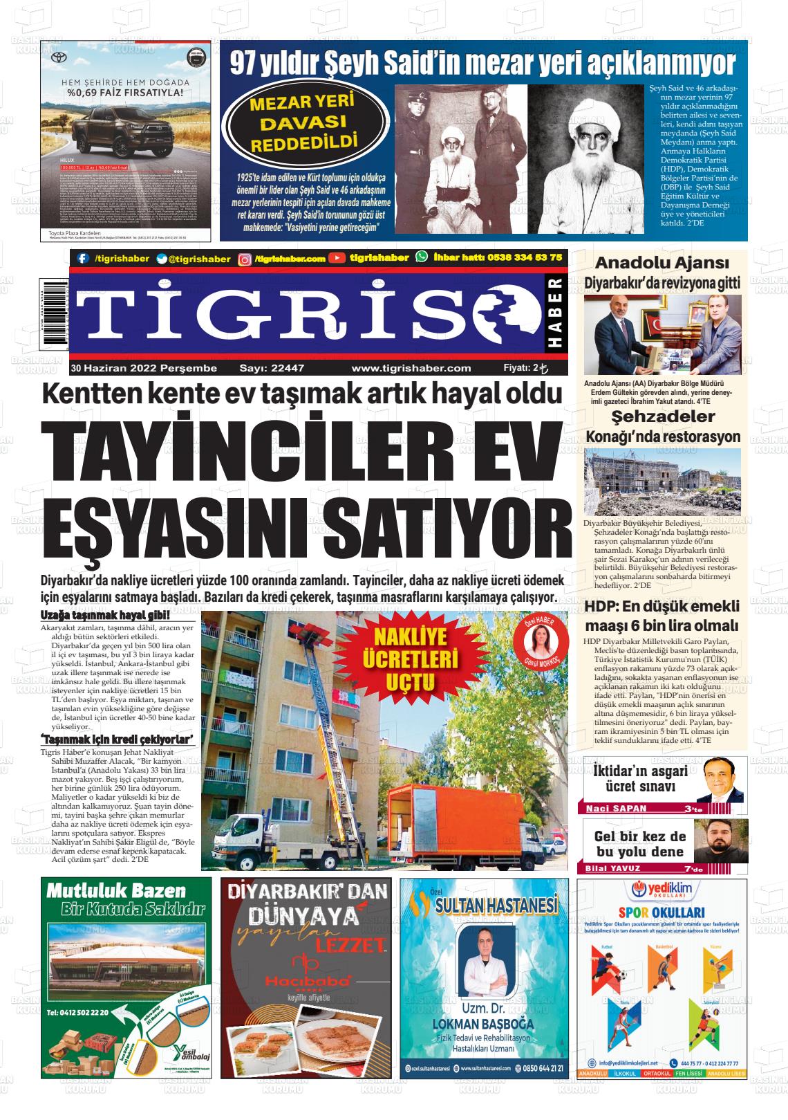 30 Haziran 2022 Tigris Haber Gazete Manşeti