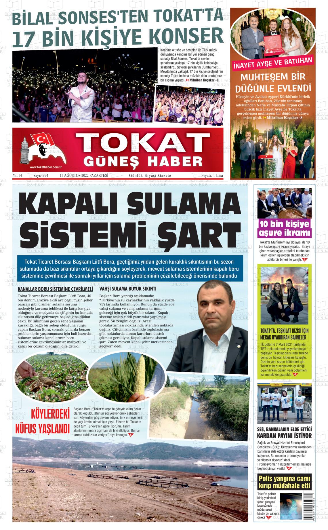 15 Ağustos 2022 Tokat Haber Gazete Manşeti