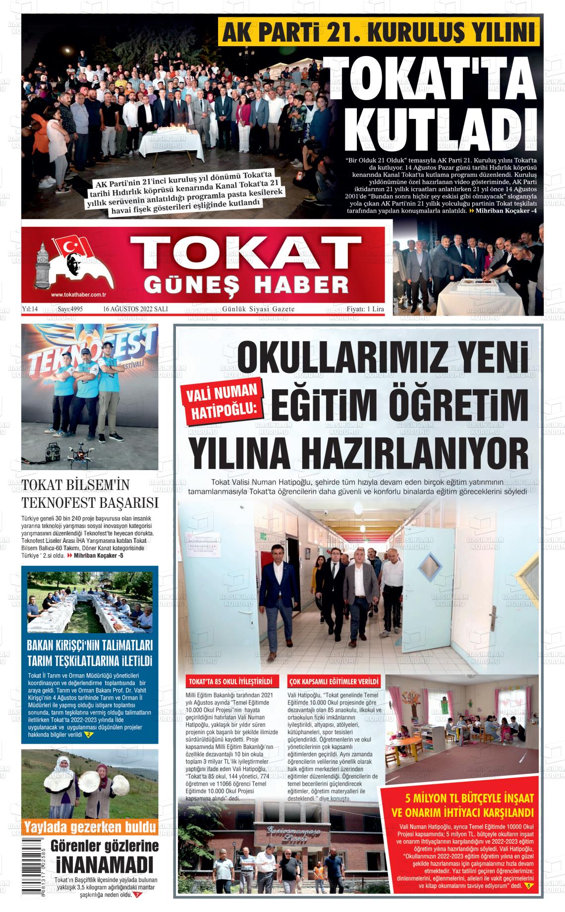 16 Ağustos 2022 Tokat Haber Gazete Manşeti