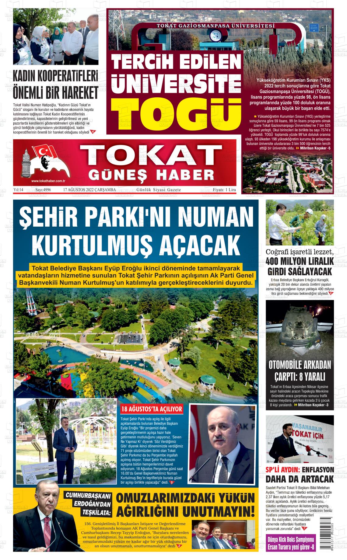 17 Ağustos 2022 Tokat Haber Gazete Manşeti