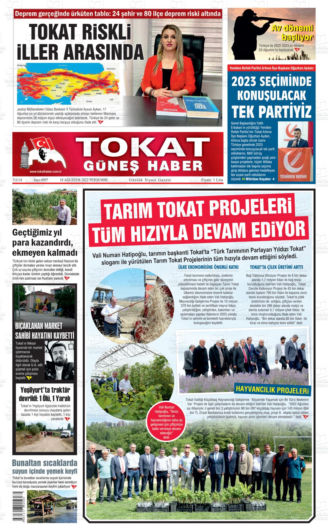 18 Ağustos 2022 Tokat Haber Gazete Manşeti