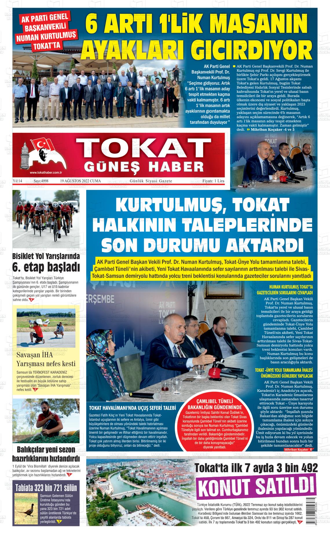 19 Ağustos 2022 Tokat Haber Gazete Manşeti