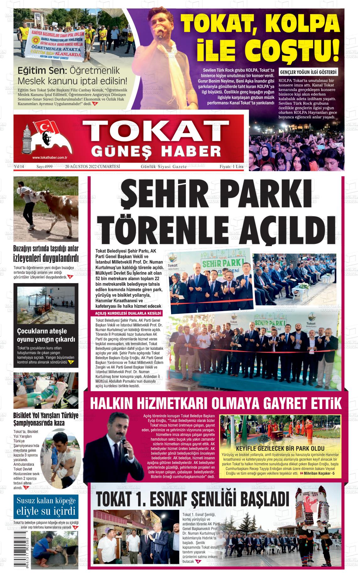 20 Ağustos 2022 Tokat Haber Gazete Manşeti