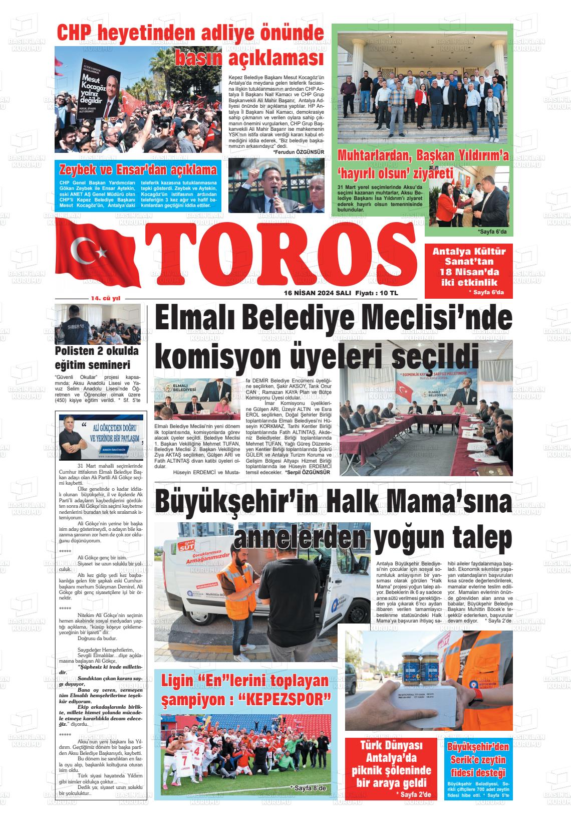 18 Nisan 2024 Antalya Toros Gazete Manşeti