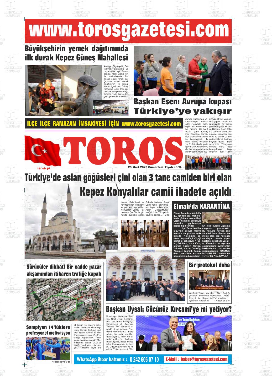 25 Mart 2023 Antalya Toros Gazete Manşeti