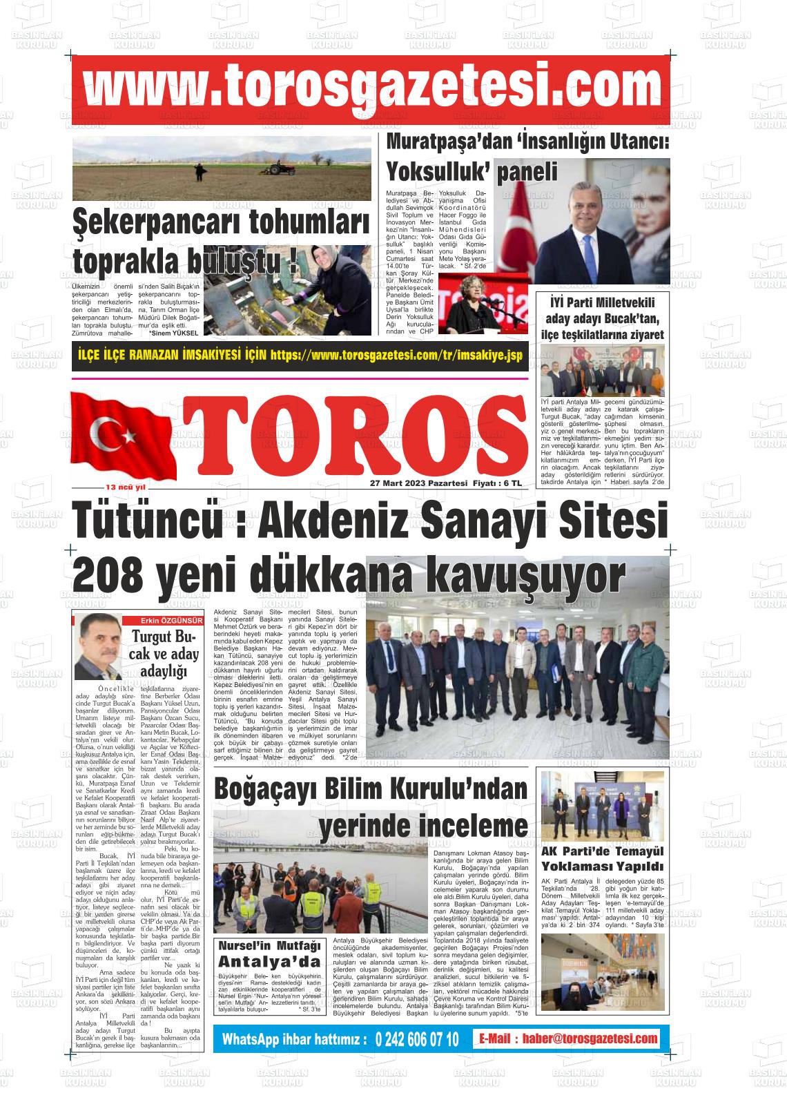 27 Mart 2023 Antalya Toros Gazete Manşeti