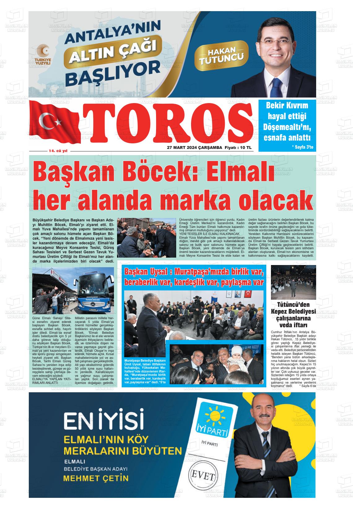 27 Mart 2024 Antalya Toros Gazete Manşeti