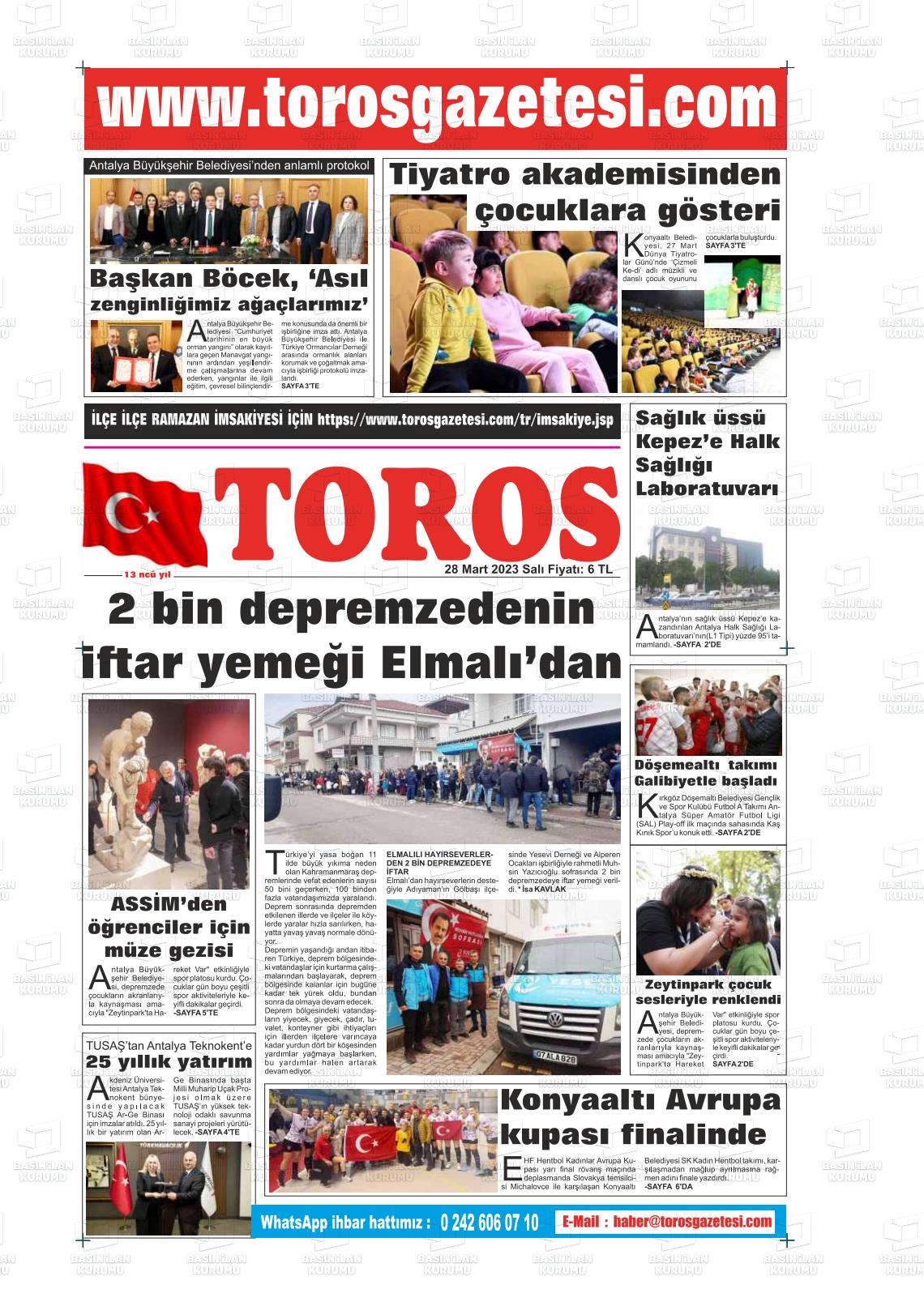 28 Mart 2023 Antalya Toros Gazete Manşeti