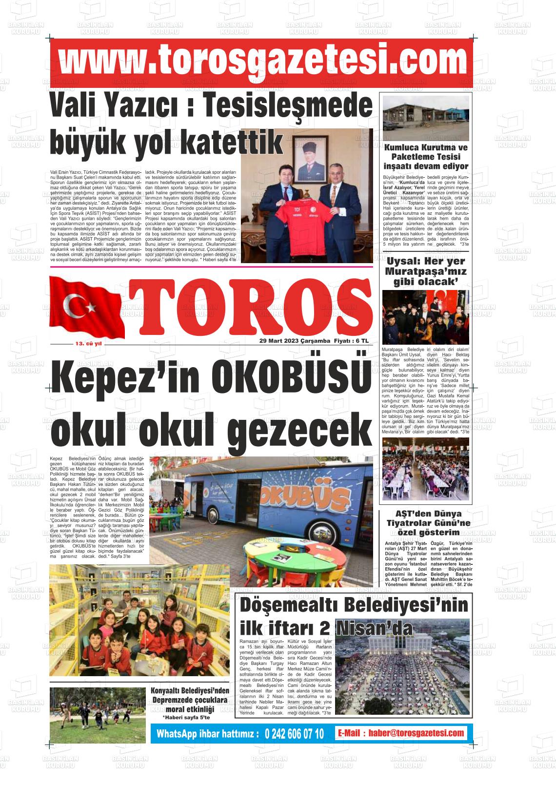 29 Mart 2023 Antalya Toros Gazete Manşeti