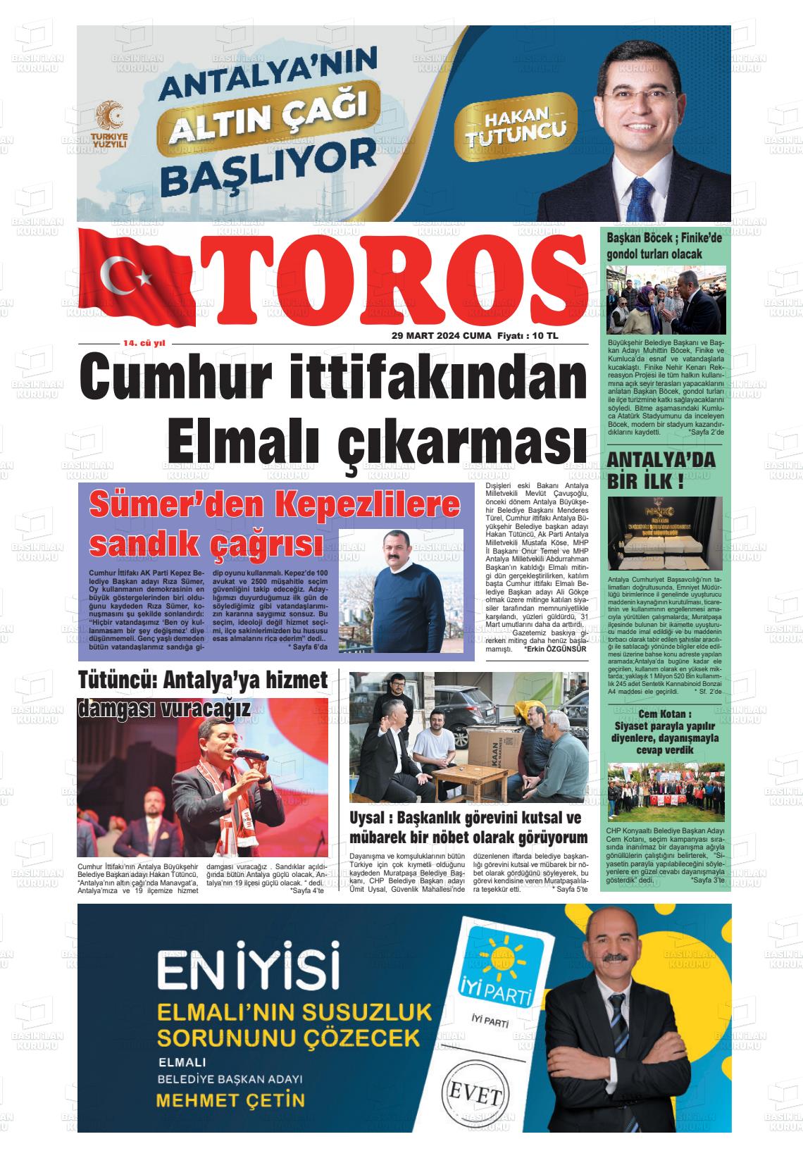 29 Mart 2024 Antalya Toros Gazete Manşeti