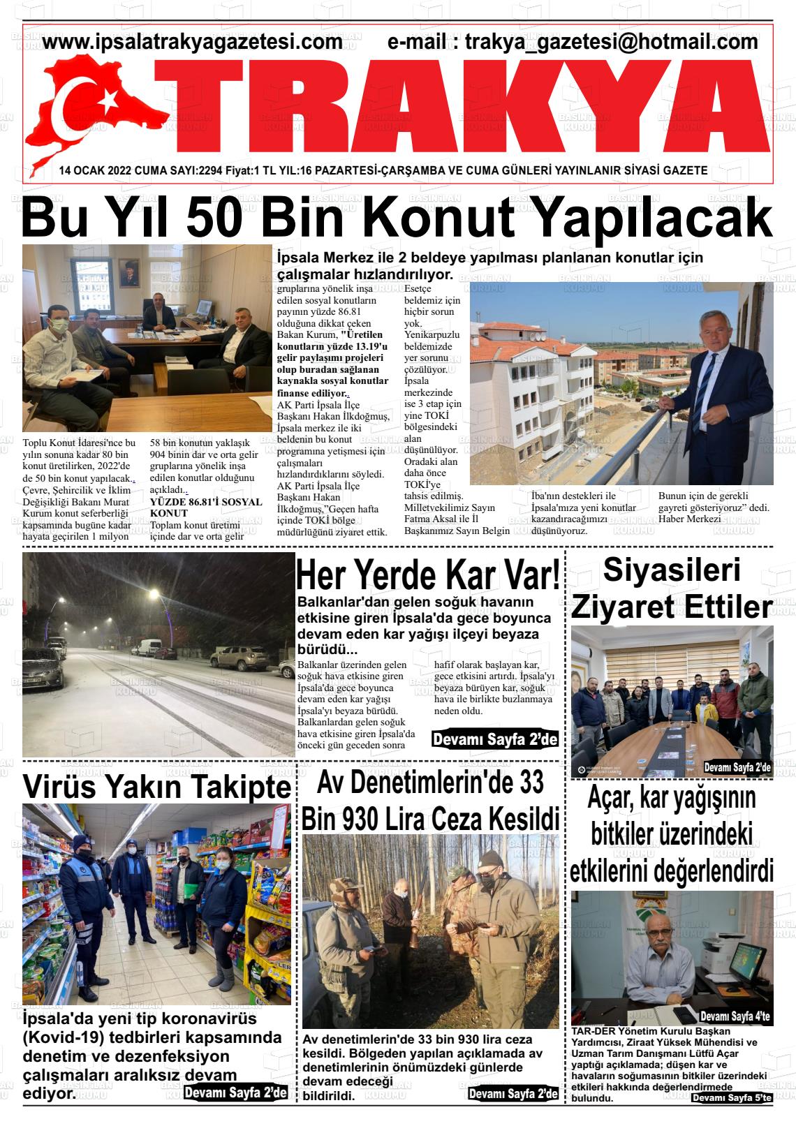 14 Ocak 2022 Trakya Gazete Manşeti