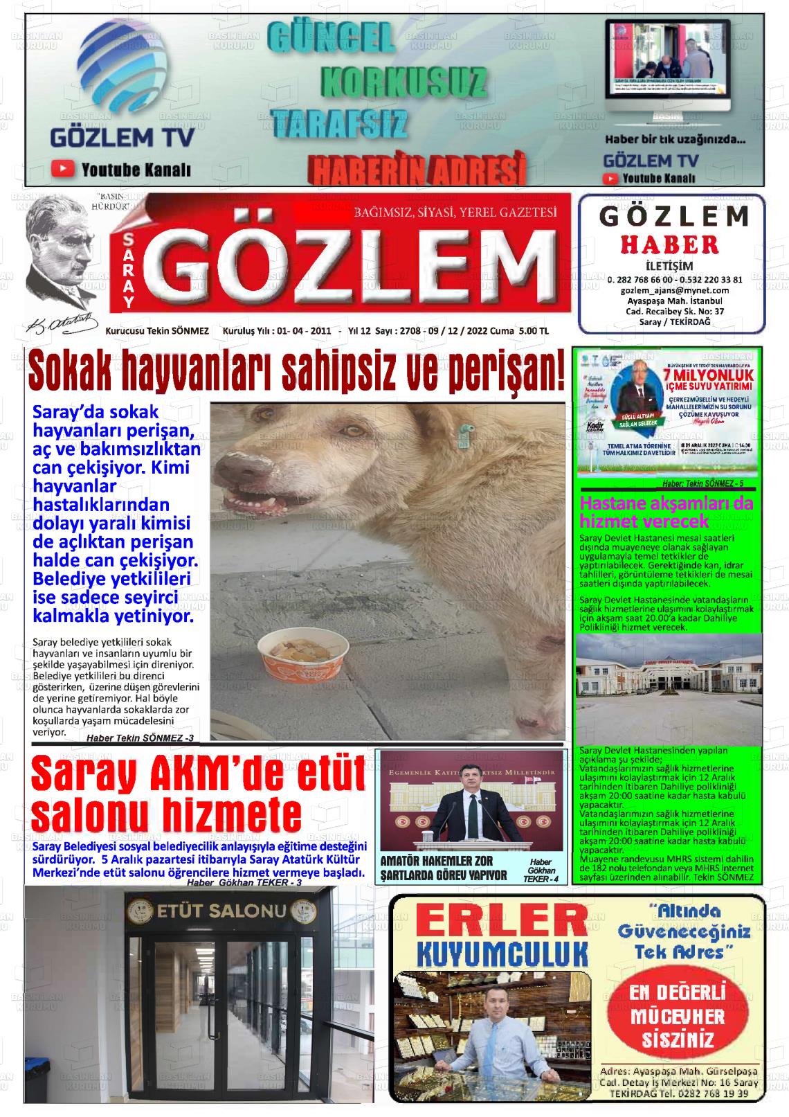 09 Aralık 2022 Saray Gözlem Gazete Manşeti