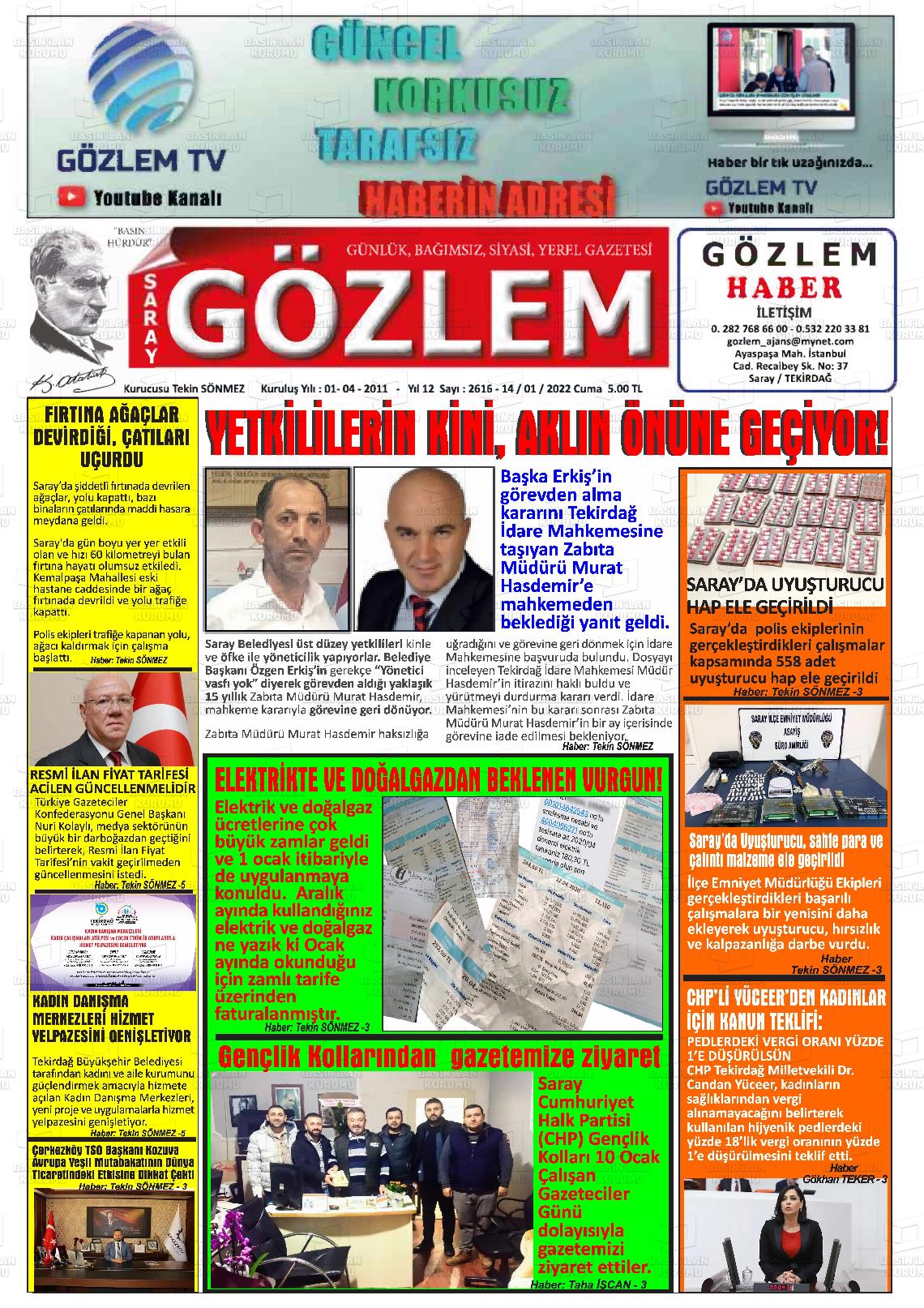 14 Ocak 2022 Saray Gözlem Gazete Manşeti
