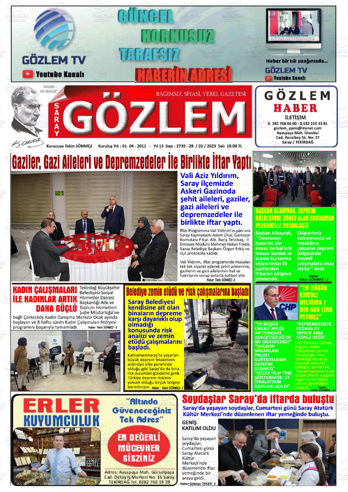 28 Mart 2023 Saray Gözlem Gazete Manşeti