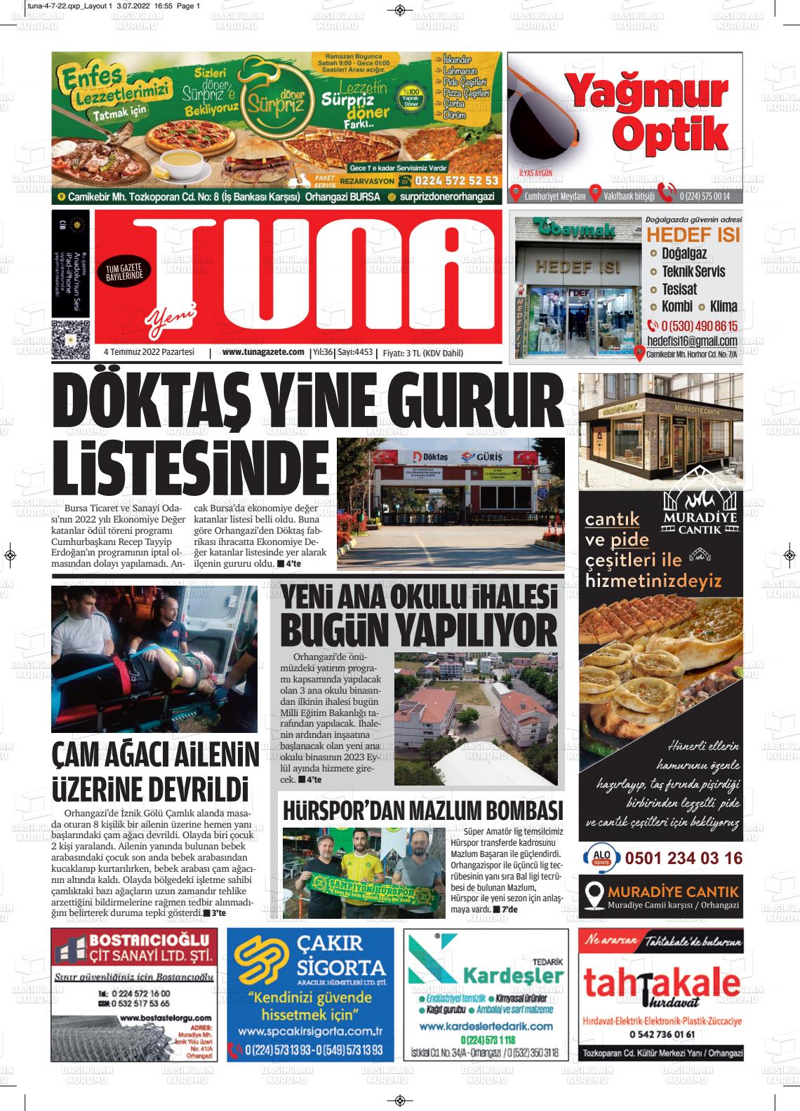04 Temmuz 2022 Tuna Gazete Manşeti