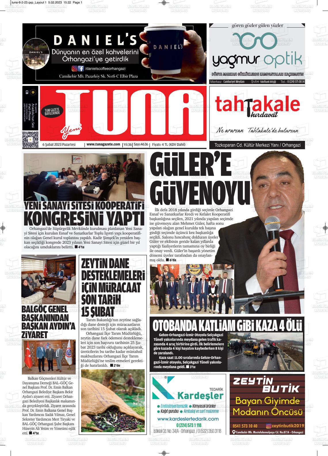 06 Şubat 2023 Tuna Gazete Manşeti