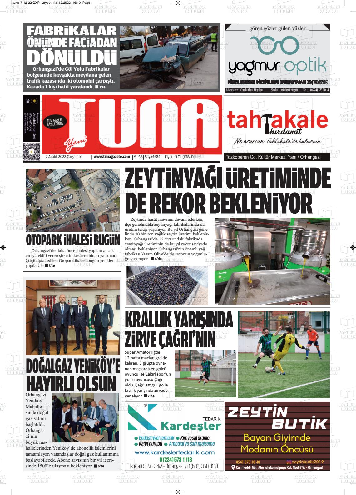 07 Aralık 2022 Tuna Gazete Manşeti