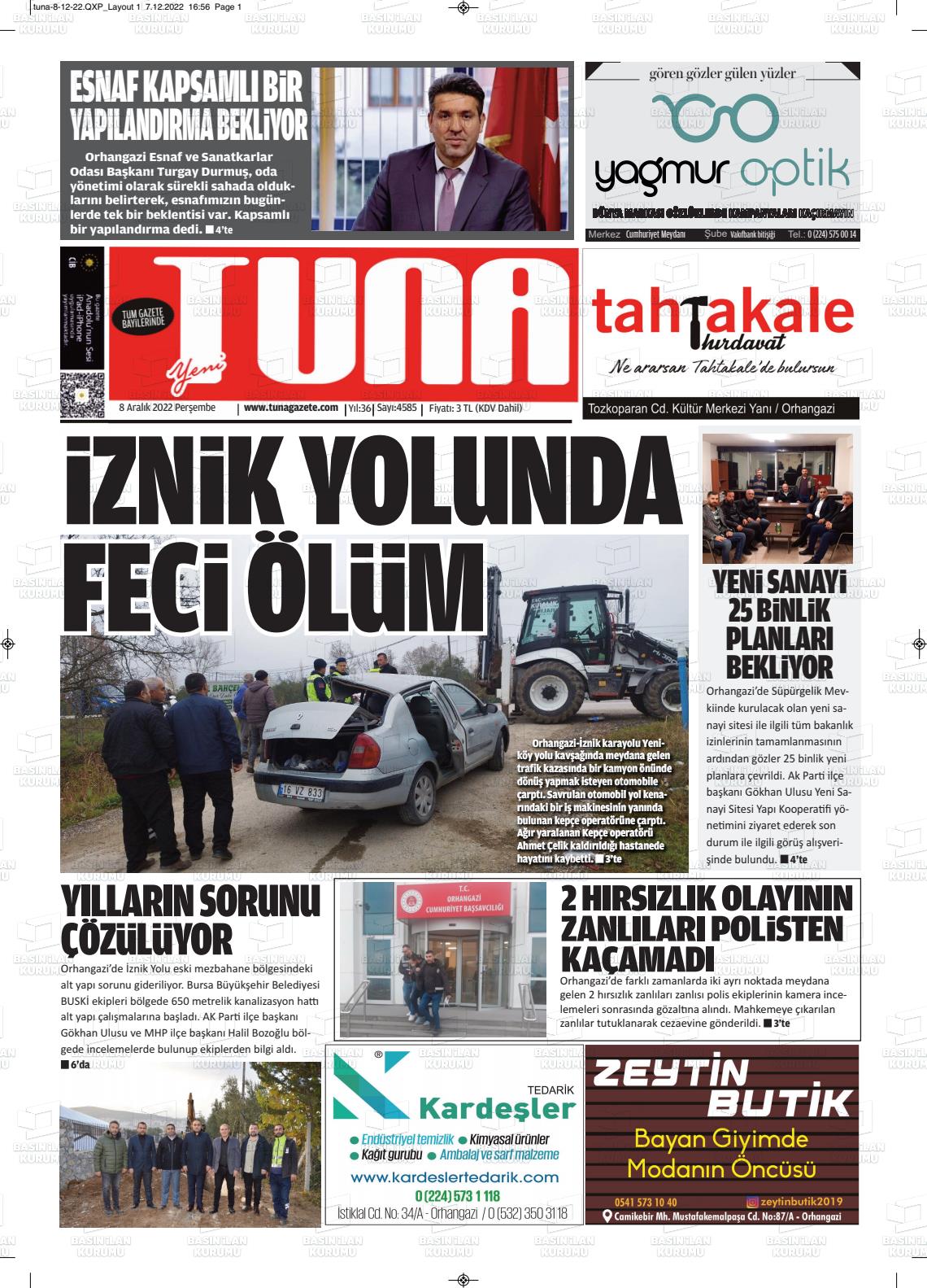 08 Aralık 2022 Tuna Gazete Manşeti