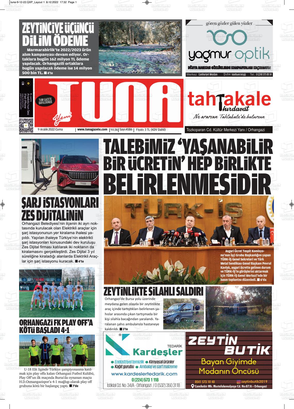 09 Aralık 2022 Tuna Gazete Manşeti