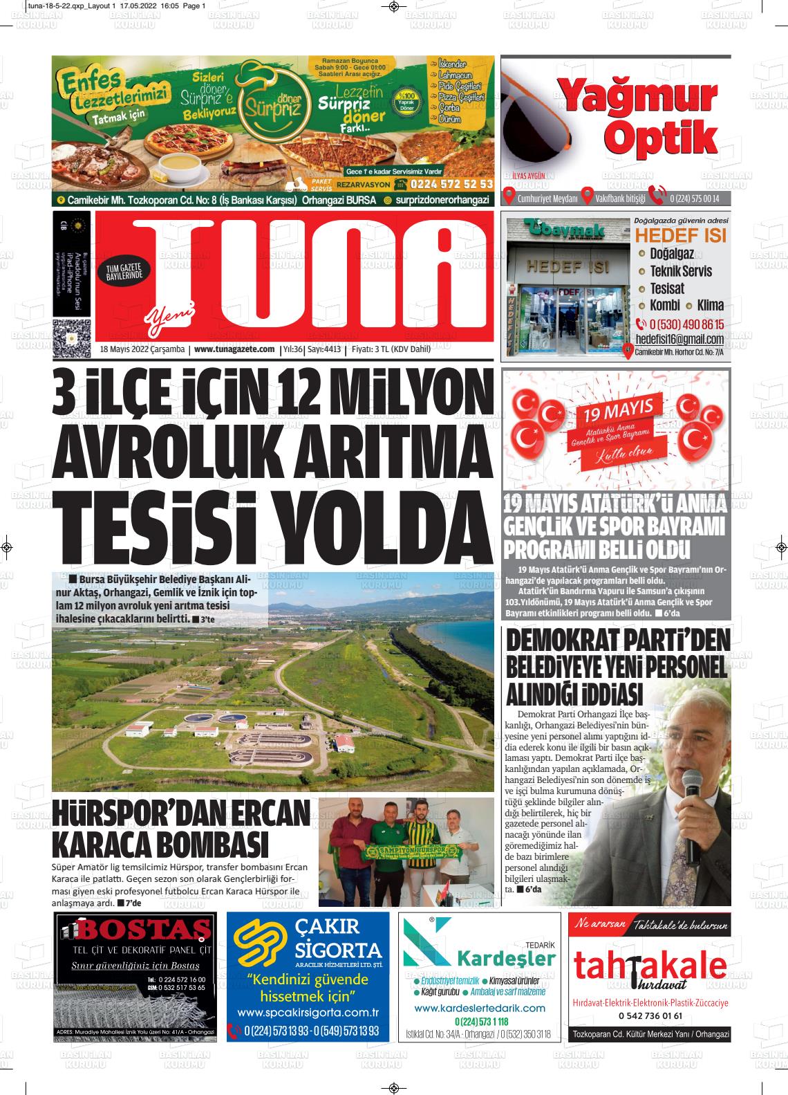 18 Mayıs 2022 Tuna Gazete Manşeti