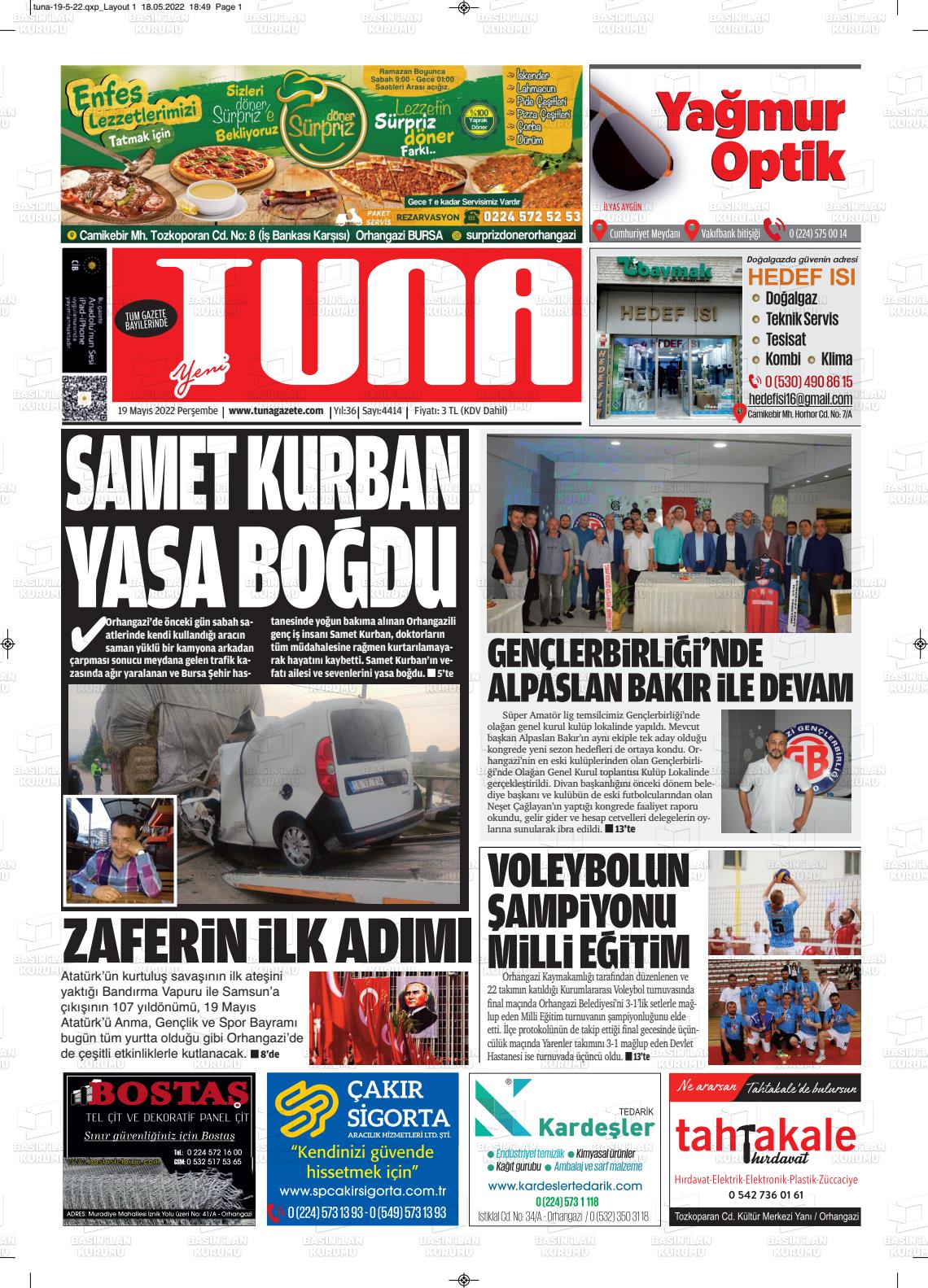 19 Mayıs 2022 Tuna Gazete Manşeti