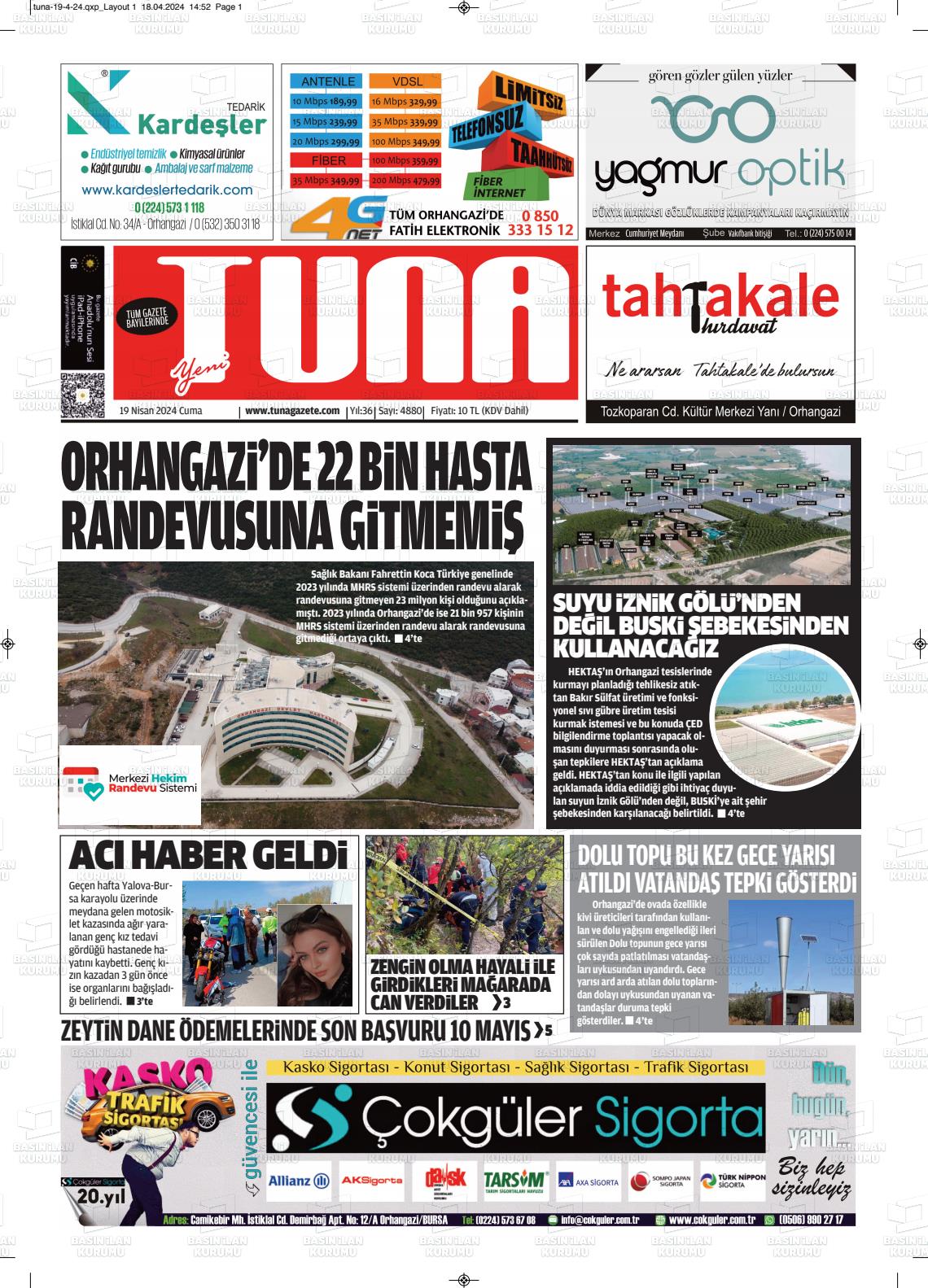 19 Nisan 2024 Tuna Gazete Manşeti