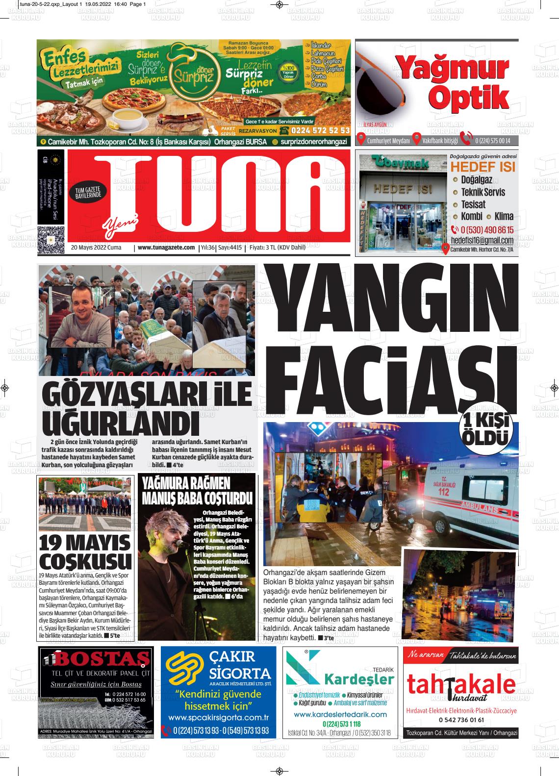20 Mayıs 2022 Tuna Gazete Manşeti