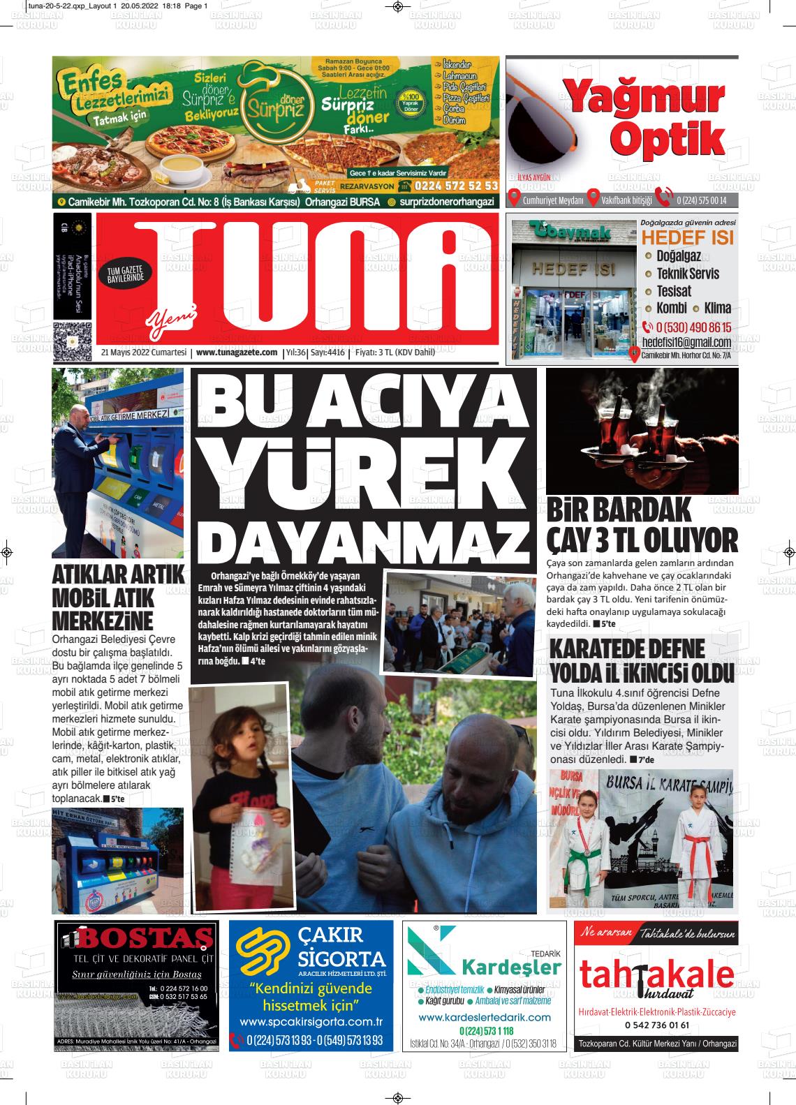 21 Mayıs 2022 Tuna Gazete Manşeti