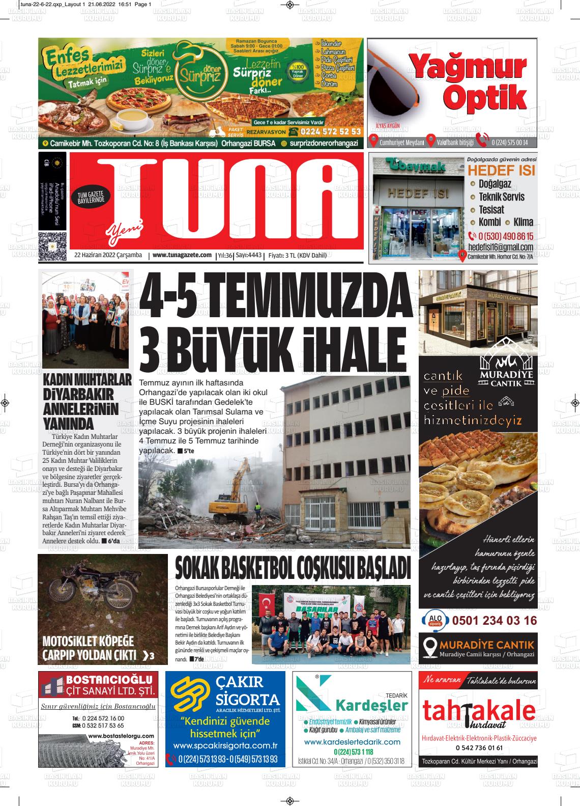 22 Haziran 2022 Tuna Gazete Manşeti
