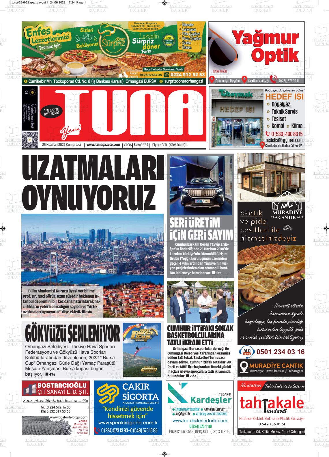 25 Haziran 2022 Tuna Gazete Manşeti