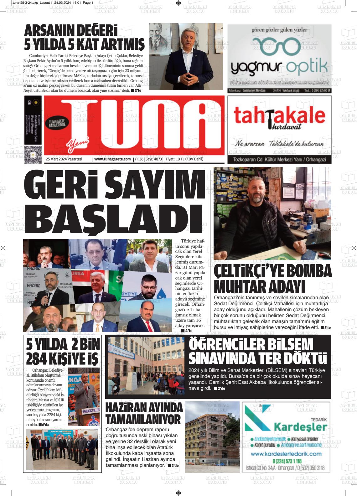 25 Mart 2024 Tuna Gazete Manşeti