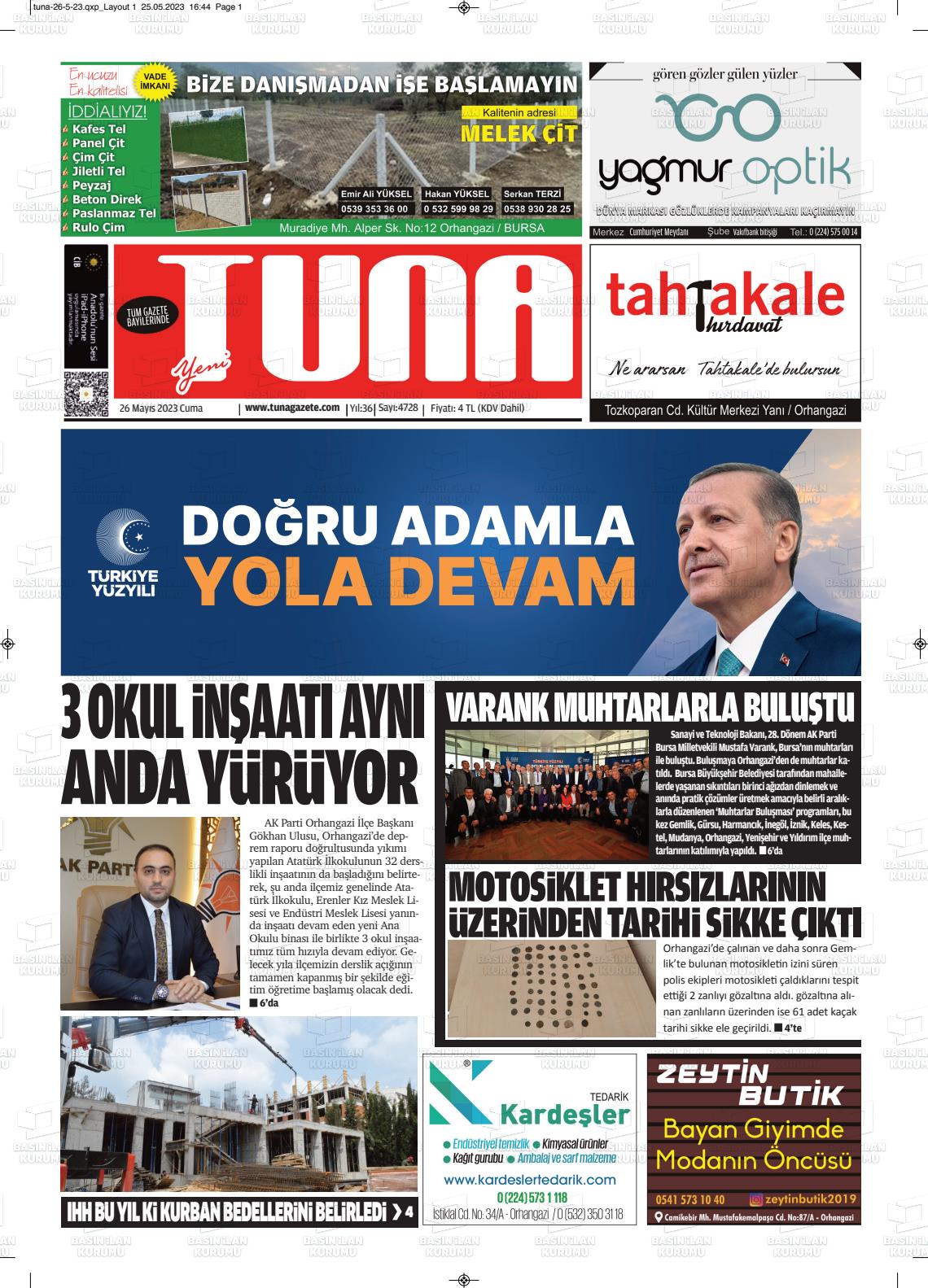 26 Mayıs 2023 Tuna Gazete Manşeti