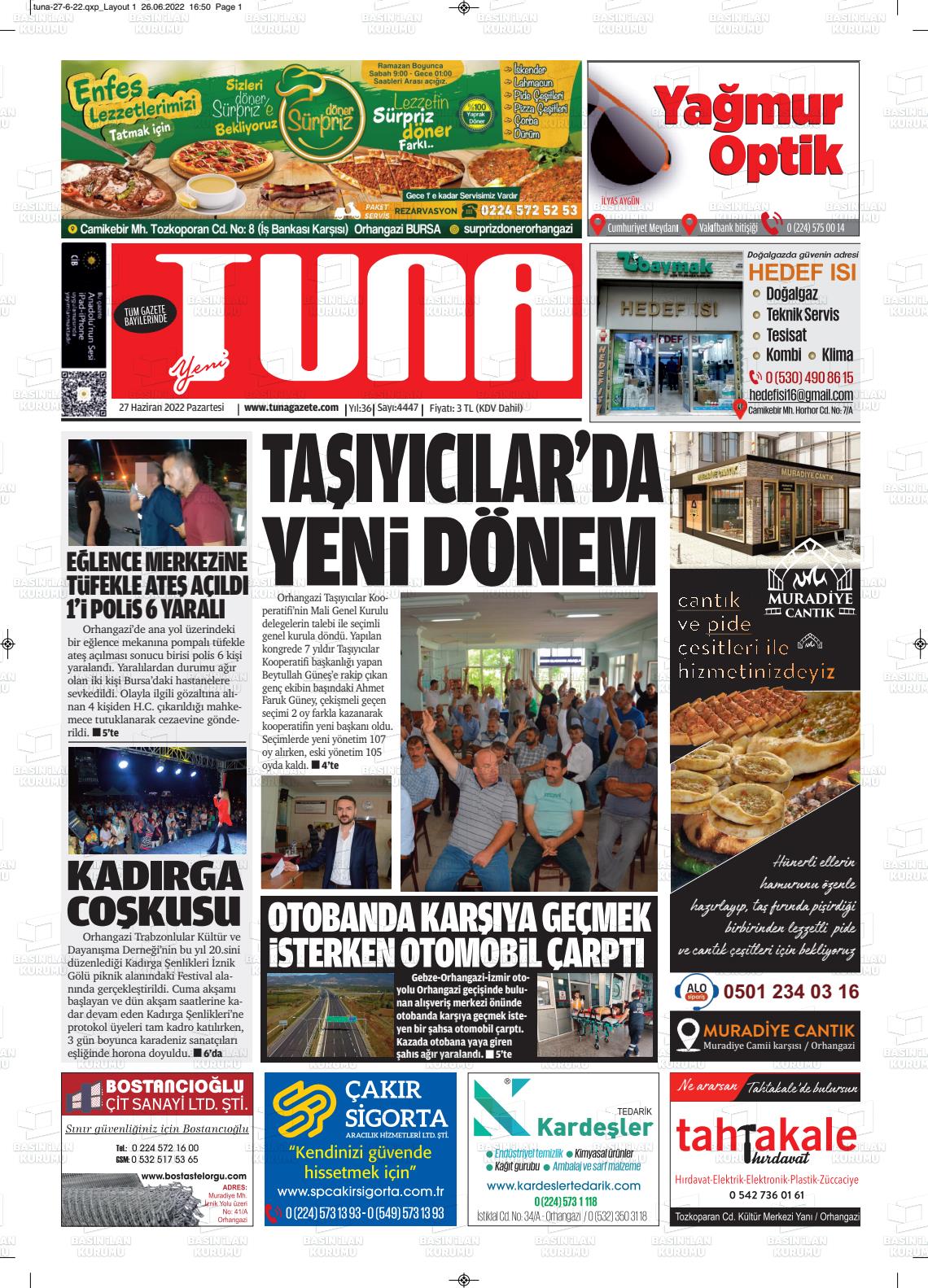 27 Haziran 2022 Tuna Gazete Manşeti