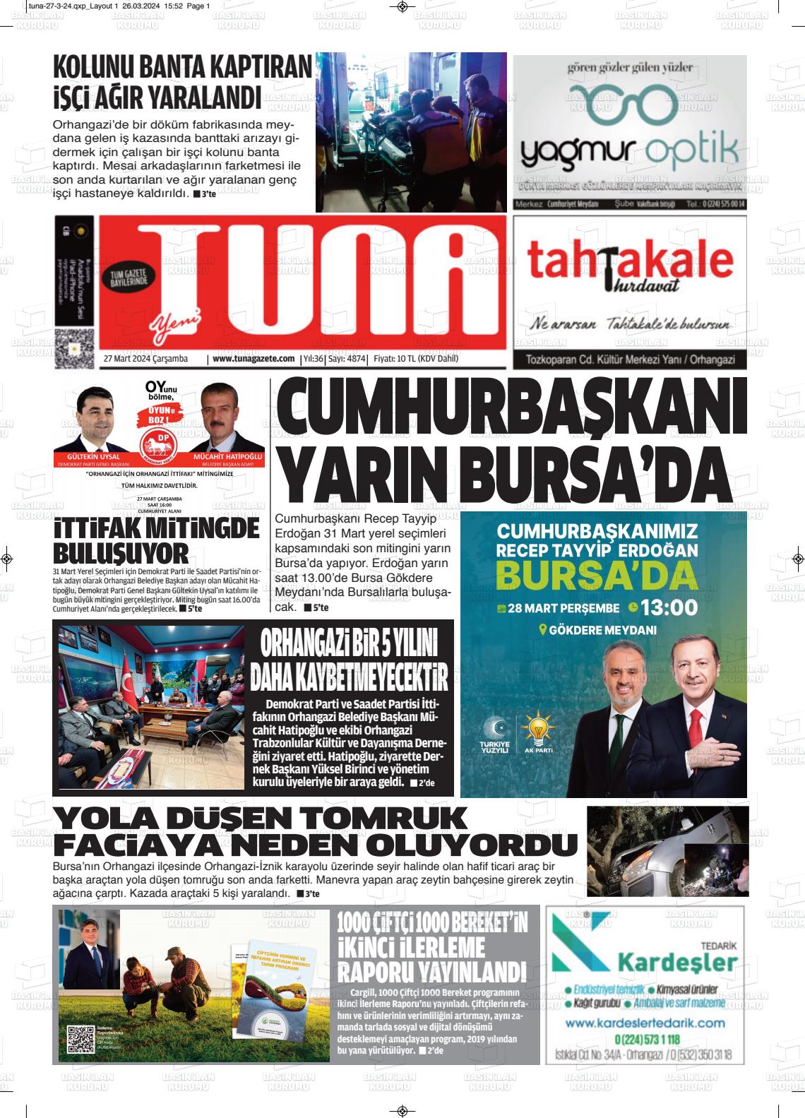 27 Mart 2024 Tuna Gazete Manşeti