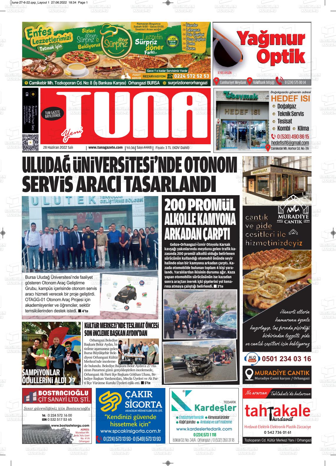 28 Haziran 2022 Tuna Gazete Manşeti