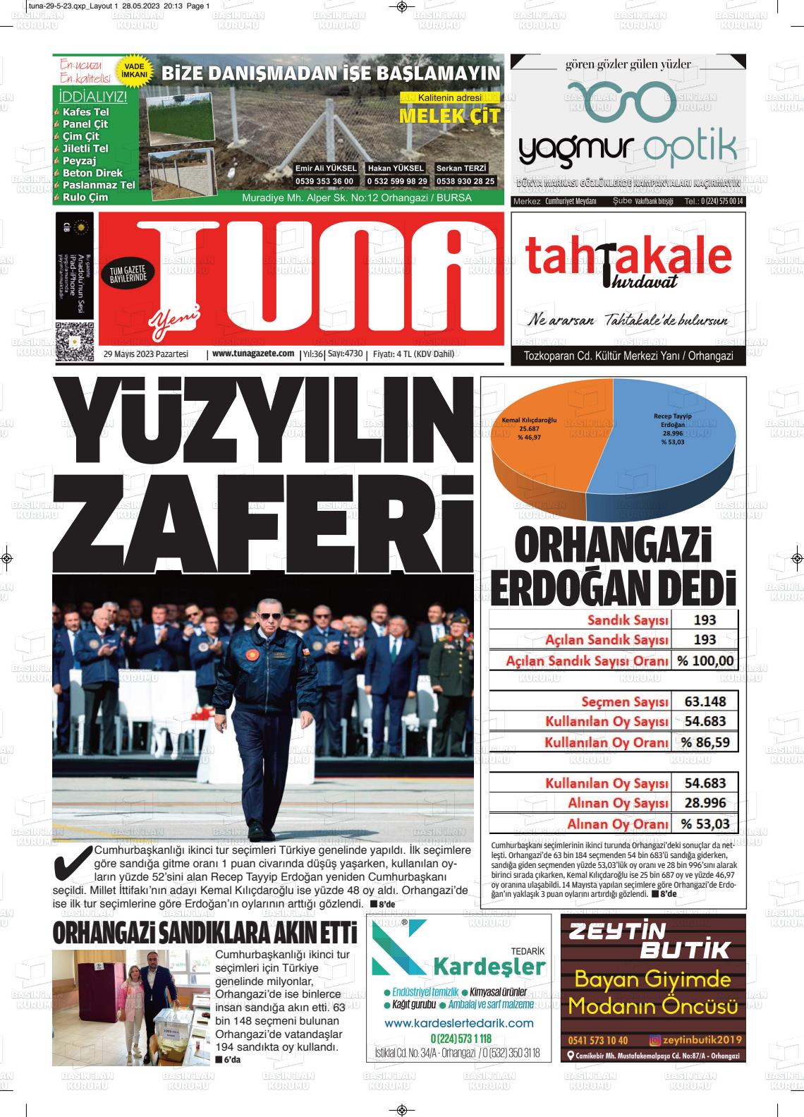 29 Mayıs 2023 Tuna Gazete Manşeti
