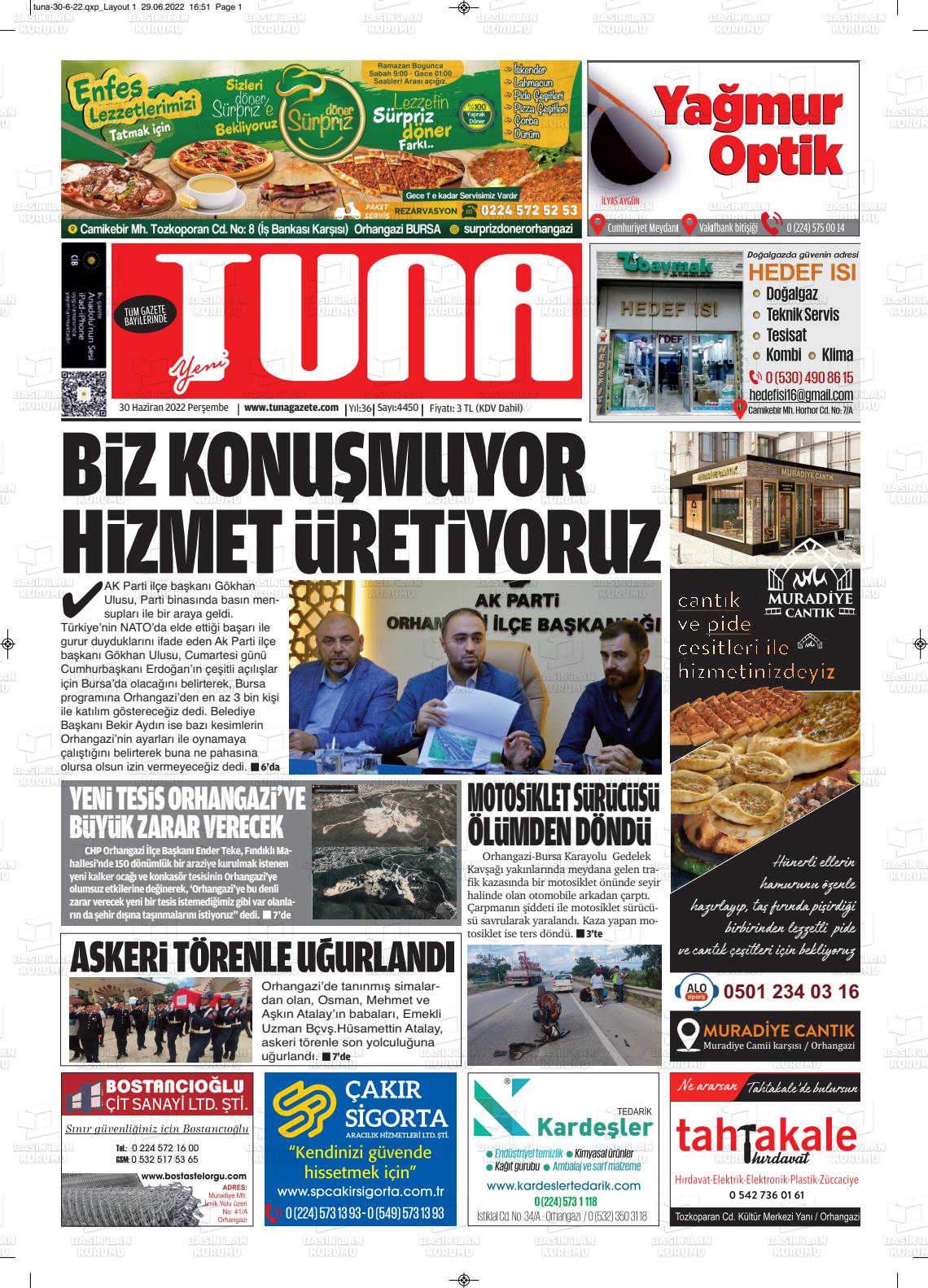 01 Temmuz 2022 Tuna Gazete Manşeti