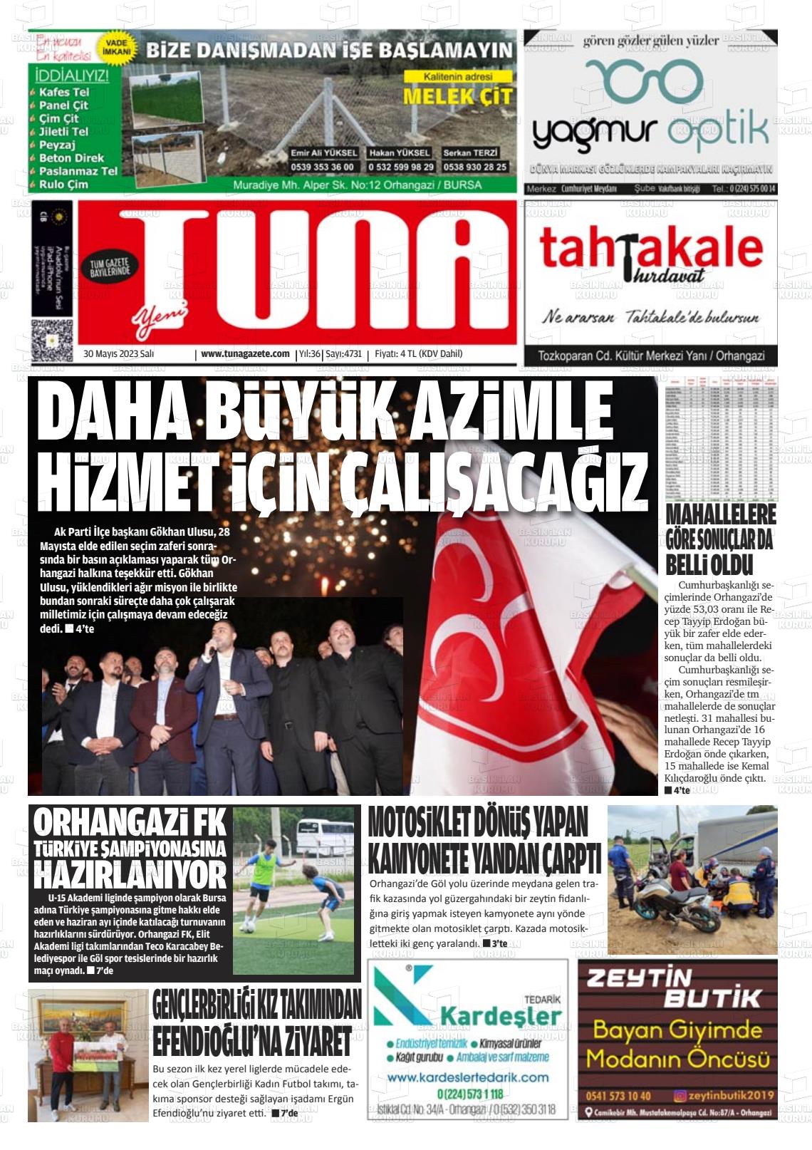 30 Mayıs 2023 Tuna Gazete Manşeti
