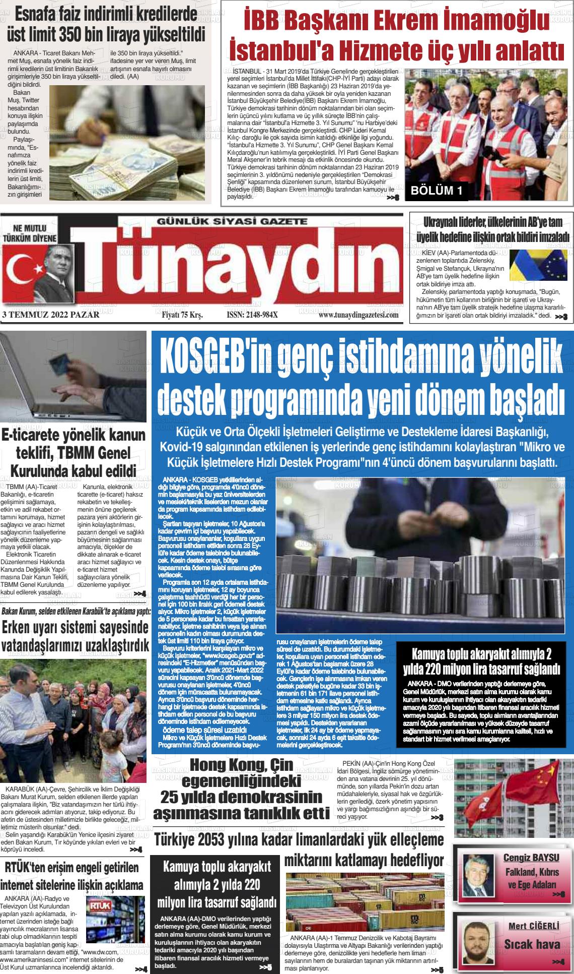 03 Temmuz 2022 Tünaydın Gazete Manşeti