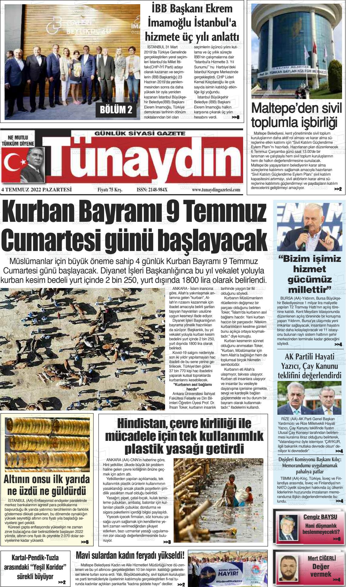 04 Temmuz 2022 Tünaydın Gazete Manşeti