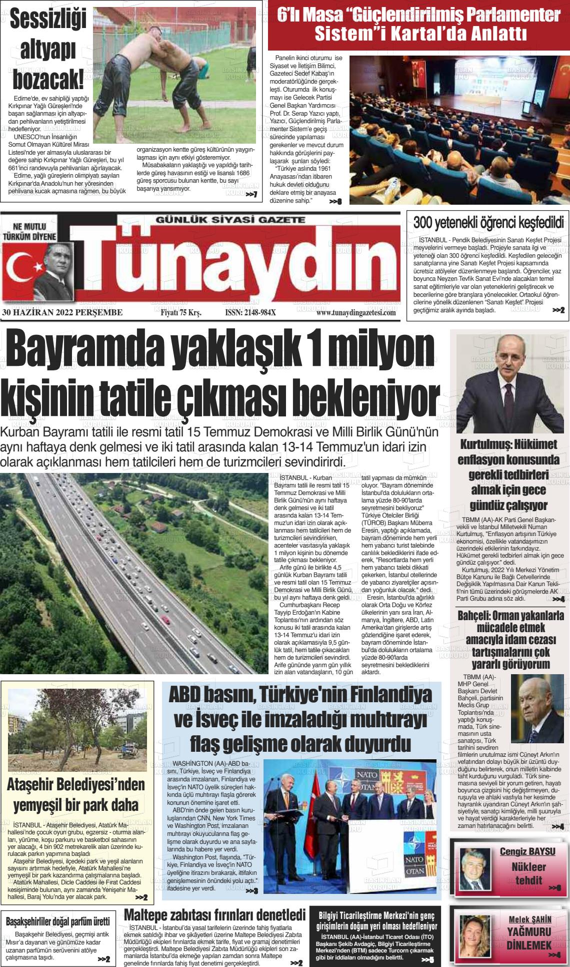 02 Temmuz 2022 Tünaydın Gazete Manşeti