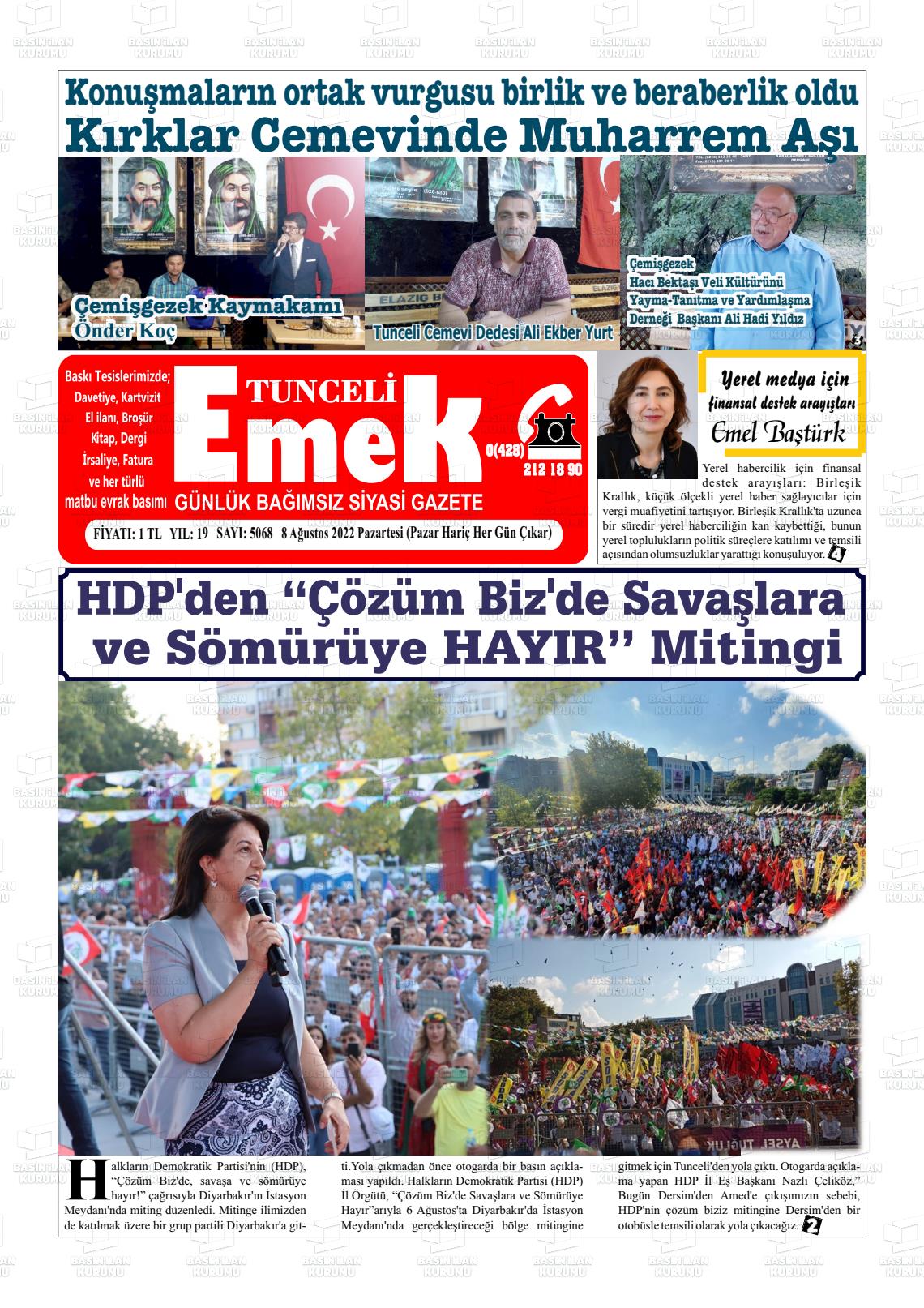 08 Ağustos 2022 Tunceli Emek Gazete Manşeti