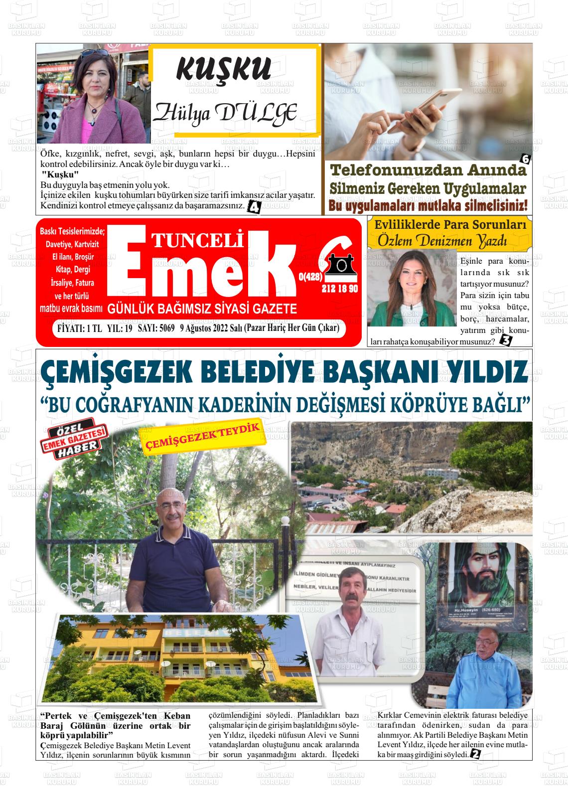 09 Ağustos 2022 Tunceli Emek Gazete Manşeti