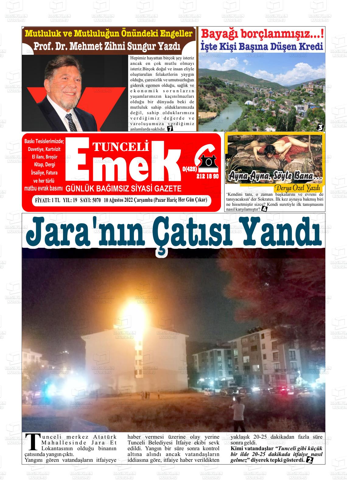 10 Ağustos 2022 Tunceli Emek Gazete Manşeti