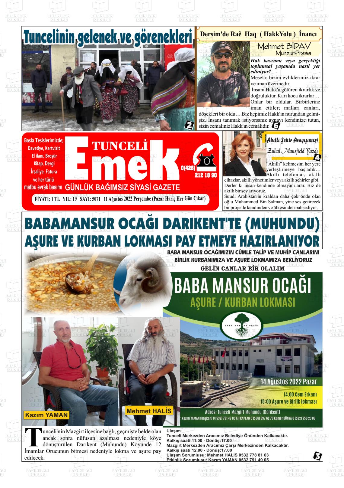11 Ağustos 2022 Tunceli Emek Gazete Manşeti