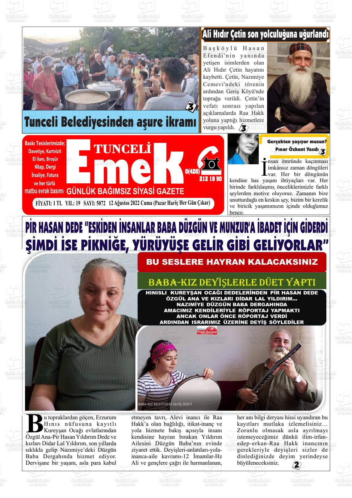 12 Ağustos 2022 Tunceli Emek Gazete Manşeti